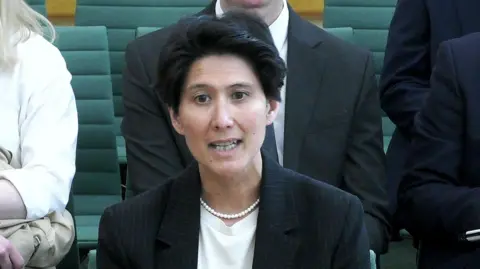 Cabinet Office permanent secretary Cat Little speaks to camera while sitting in the hearing giving evidence with others sitting behind her.