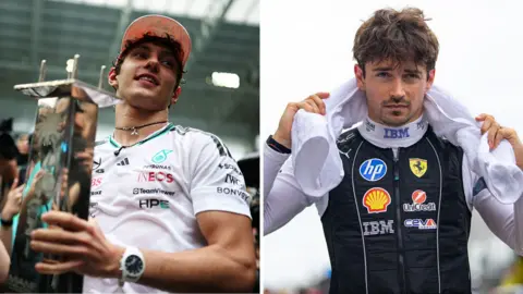 A split image of Kimi Antonelli and Charles Leclerc 