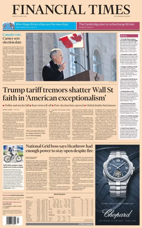 Halaman depan Financial Times menunjukkan gambaran Mark Carney, Perdana Menteri Kanada, ketika ia mengumumkan pemilihan federal yang cepat. Berita utama di bawah ini berbunyi: Tarif Trump Tarif Shatter Wall St Faith in American Exceptionalism. Dan yang kedua berbunyi: Bos Grid Nasional mengatakan Heathrow memiliki kekuatan yang cukup untuk dibuka meskipun ada api. 