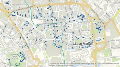 Nottingham City Historic Environment Record (Nottingham City Council) An aerial map of Nottingham city centre with cave locations marked in dark blue. Many scatterings of dark blue can be seen with particular concentrations around Lace Market and Nottingham Castle.