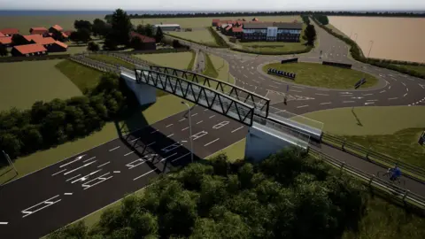 Artist's computer-generated impression showing an aerial view of a roundabout with a footbridge over one of the junctions. There are houses and fields in the background.
