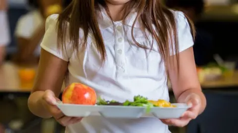 Getty Images A child holding a tray with food on it. You can see salad and an apple. The picture is cropped so you cannot see the child's face.