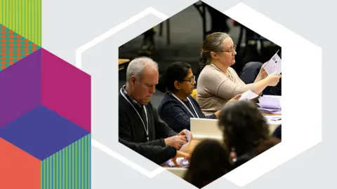 BBC Tellers counting ballot papers at an election count in the UK