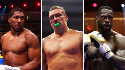 Split image of Anthony Joshua in the ring, Oleksandr Usyk in the ring and Deontay Wilder in the ring