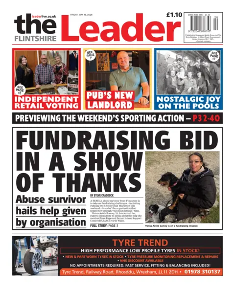 Flintshire Leader Front page of the Flintshire Leader. The headline reads 'fundraising bid in a show of thanks'.