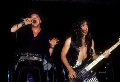 Getty Images Paul Di'Anno on stage with Iron Maiden's Steve Harris