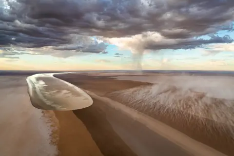 Brad Leue / Wildlife Photographer of the Year Aerial view of floodwaters carving through the cracked earth of Australia’s outback. Ribbons of water snake toward the vast salt flats of Kati Thanda-Lake Eyre.