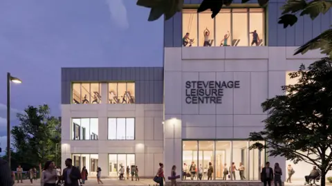 An artist's impression of a new Stevenage Leisure Centre at night time. People are exercising inside and there others walking around outside. There is a tree on the right and a lit lampost on the left.