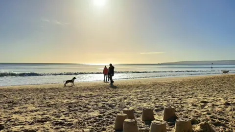 MarkieB Two walkers are on a sandy beach as the sun is low in the sky. There is a small wave washing towards the sand. In the foreground you can see sandcastles. There are two dogs on the beach. 