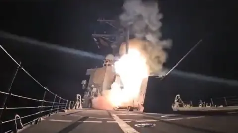 US Department of Defense A screenshot from a video released by the US defence department that appears to be showing a missile being launched from a military vessel