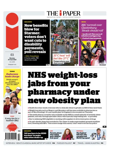 "NHS weight-loss jabs from your pharmacy under new obesity plan" reads the headline on the front page of The i Paper.
