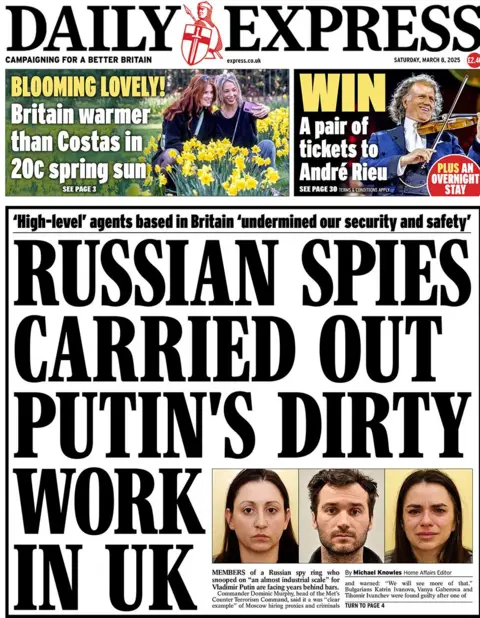 Judul Daily Express berbunyi: Mata -mata Rusia melakukan pekerjaan kotor Putin di Inggris