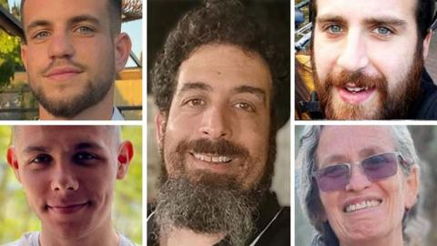 Composite images of Israeli hostages whose bodies have been recovered in Gaza, clockwise from top left: 