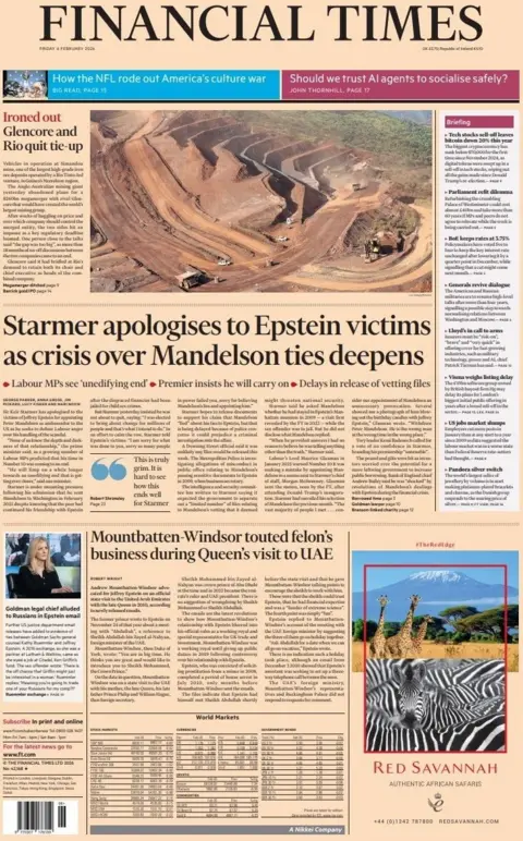 "Starmer apologises to Epstein victims as crisis over Mandelson ties deepen" reads the headline on the front page of the Financial Times.