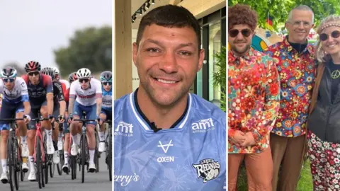 Three side by side images; on the left, a group of cyclists, in the middle a man with short brown hair and stubble wears a light blue sports shirt, on the right, a group of people dressed in hippy-style fancy dress.
