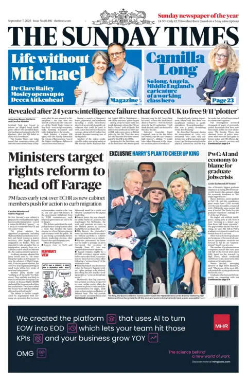 The headline on the front page of the Sunday Times reads: "Ministers target rights reform to head off Farage".