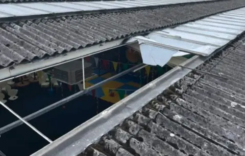 Damaged skylights on the roof of the soft play centre