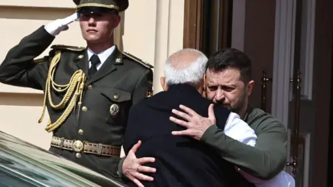 Reuters President of Ukraine Volodymyr Zelenskyi greets Prime Minister of India Narendra Modi during official meeting on August 23, 2024 in Kyiv, Ukraine