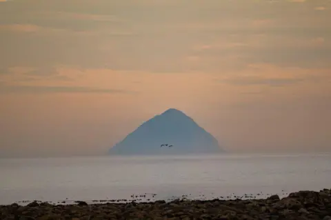 Katie Grant A cone-shaped island at sunset under a pastel-coloured sky, with three birds flying across the shot above the sea. 