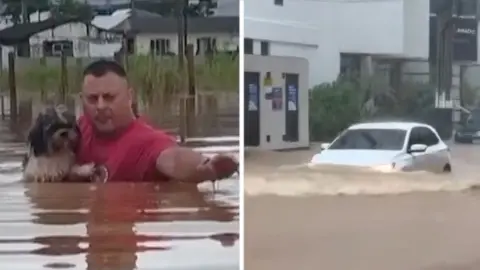 Split screen of man in chest deep floodwaters holding dog and car partially submerged in floodwaters