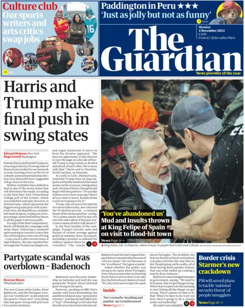 A primeira página do Guardian relata que Harris e Trump estão dando um impulso final em estados indecisos antes das eleições presidenciais dos EUA.