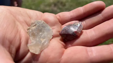 Two small sharpened pieces of stone in someone's palm
