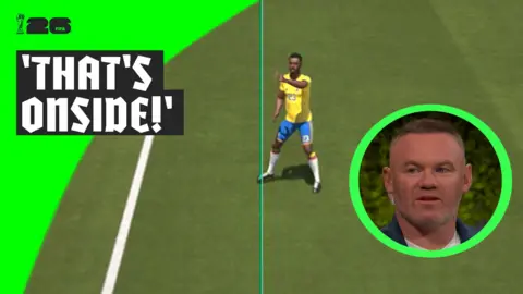 Wayne Rooney and the VAR offside screen of Davinson Sanchez