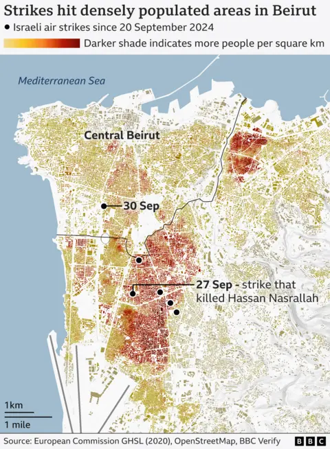 A map showing Beirut's population density and highlighting the locations of some Israeli attacks on the Lebanese capital. Most of the strikes took place in the suburb of Dahieh, one of the city's most densely populated areas.  