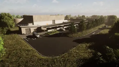 A computer generated image of how the new tip site will look. There is a row of parking bays in front of a large concrete building surrounded by trees.