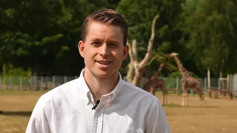 Martin Giles/BBC Joshua Hunter-Harl, wearing an open-necked white shirt, stands in front of some giraffes at Africa Alive. He is looking at the camera and smiling.