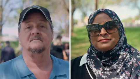 A split screen with a man in blue on the left and a woman with black hijab on the right.