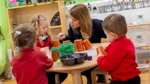 North East Mayor Kim McGuinness primary School pupils at their breakfast club. They are sitting around a small table playing with plastic plant pots. 