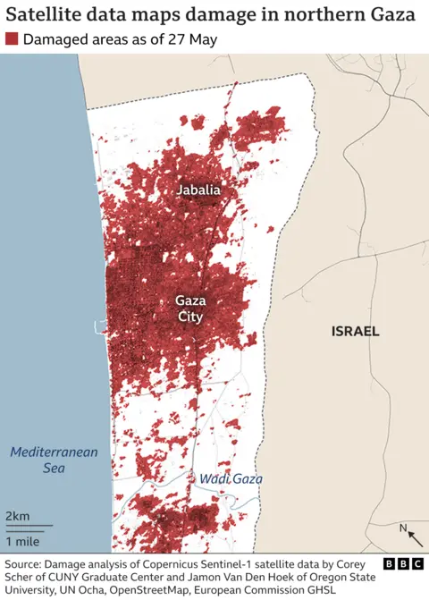 Satellite data map showing damage in northern Gaza, including Jabalia (27 May 2024)