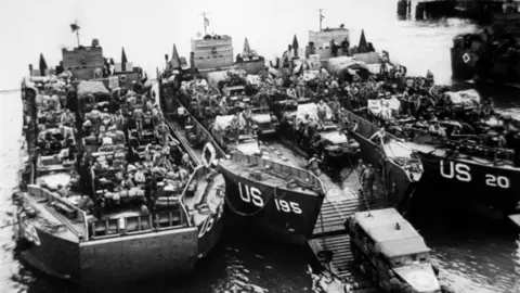 Getty Images US troops in landing craft in Portsmouth ahead of D-Day