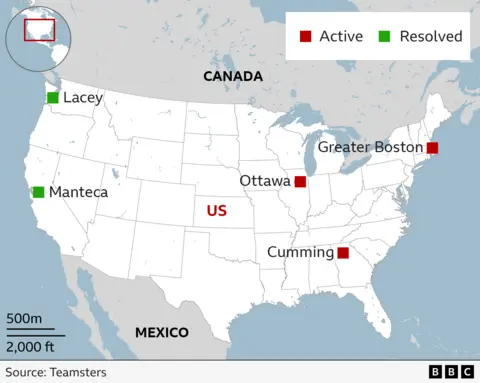 The map of the United States, parts of Canada and Mexico display sites called active and analyzed strikes. Active strikes are displayed in Ottawa, Boston Greater Boston and Lomening are displayed in the east of the country with red marks and the strikes are resolved in Lassi and Manta on the western coast with Green Square. Source: Teamsters.