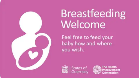 Health Improvement Commission A pink sticker says Breastfeeding Welcome Feel free to feed your baby how and where you wish, with branding for States of Guernsey and The Health Improvement Commission 