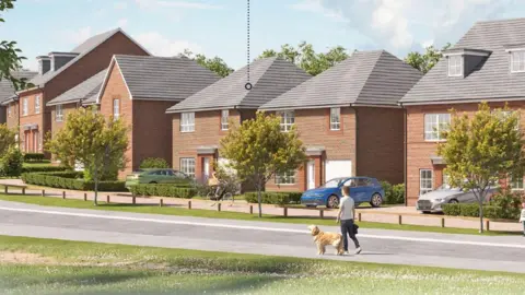 IDPartnership An artist's impression of six houses. They are orange brick homes. There is a person walking a dog outside.