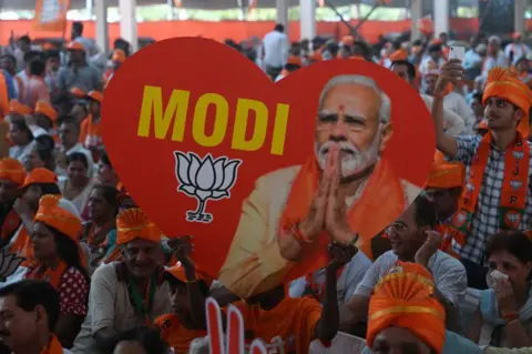 Getty Images P supporters during an election rally of Prime Minister Narendra Modi in Dwarka for the BJP Lok Sabha candidates, on May 22, 2024 in New Delhi, India. P