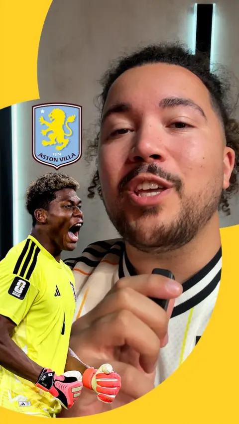 BBC reporter next to a cutout of Zion Suzuki and an Aston Villa badge
