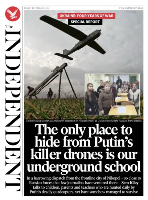 "The only place to hide from Putin's killer drones is our underground school," reads the headline on the front page of the Indepdent.