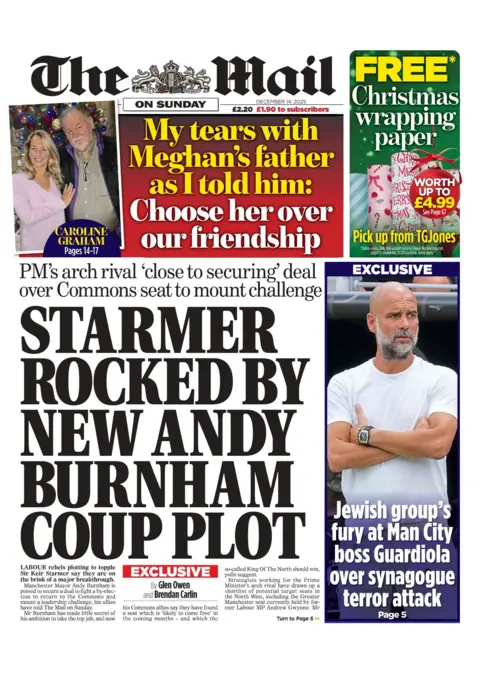 "Starmer rocked by new Andy Burnham coup plot" reads the headline on the front page of the Mail on Sunday.