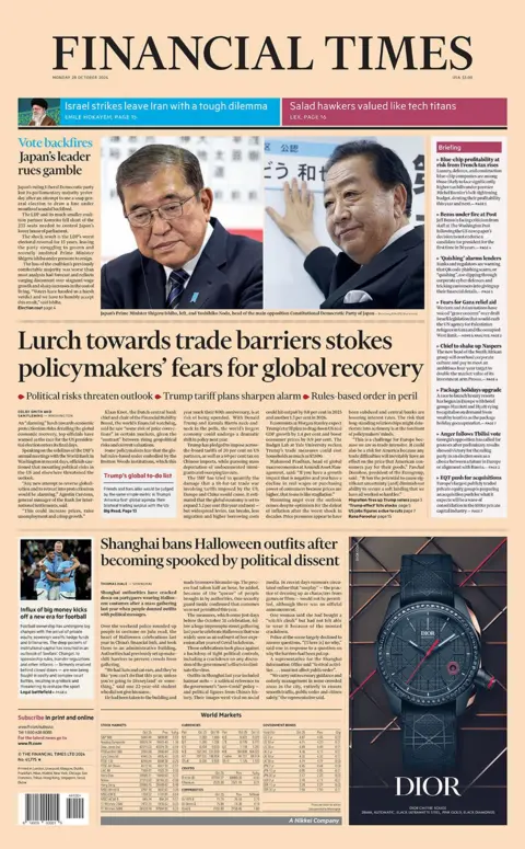 The main headline on the front page of the Financial Times reads: 