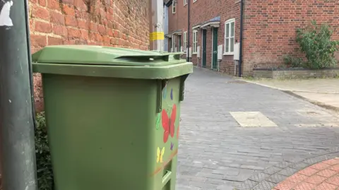 A photo showing a green wheelie bin next to a red brick wall and grey lamp post. In the background are the front of a number of houses in Tewkesbury