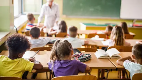 Getty Images Rear view of elementary students attending a class in the classroom. - stock photo