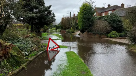 A flooded road with a red-bordered triangular sign that has black lettering with the word flood on it. There are houses and driveways as well as trees and hedges either side of the road.