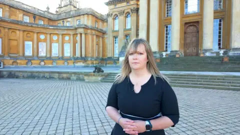 A young pistillate   with blonde hair, wearing a achromatic  dress, looks retired  astatine  the camera. Behind her is the main   entranceway  of Blenheim Palace, a baroque stately home. 