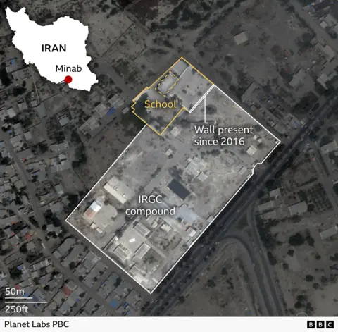 Satellite image showing the location of the IRGC compound, the school, and the wall between the two which has been present since 2016
