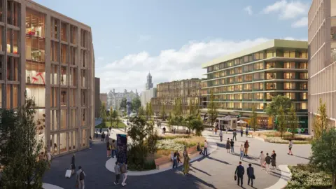 An artist's impression of flats and parks in Bradford City Centre
