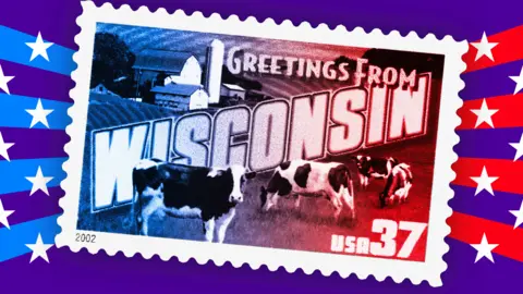 BBC An image of a blue and red-tinted Wisconsin postage stamp over a purple background with white stars and blue and red stripes. The stamp features a farm with cows in a pasture with an inscription that reads 'Greetings from Wisconsin'