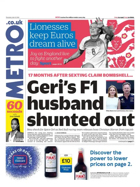 The front page of Thursday's Metro, saying "Geri's F1 husband shunted out".